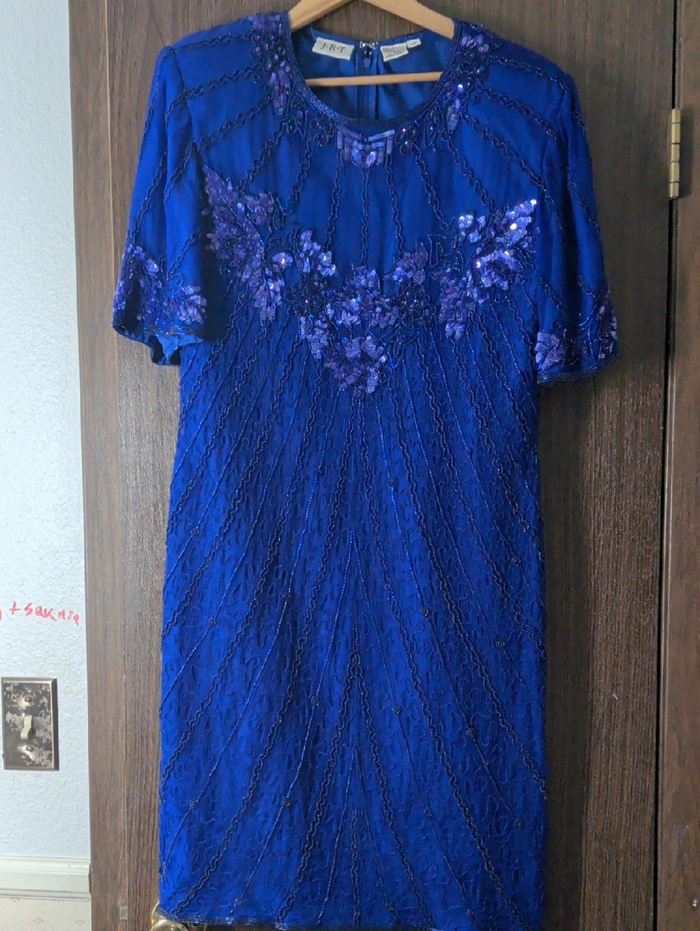 Vintage-Inspired 100% Silk  Royal Blue‎ Sequin Embellished Women's Dress